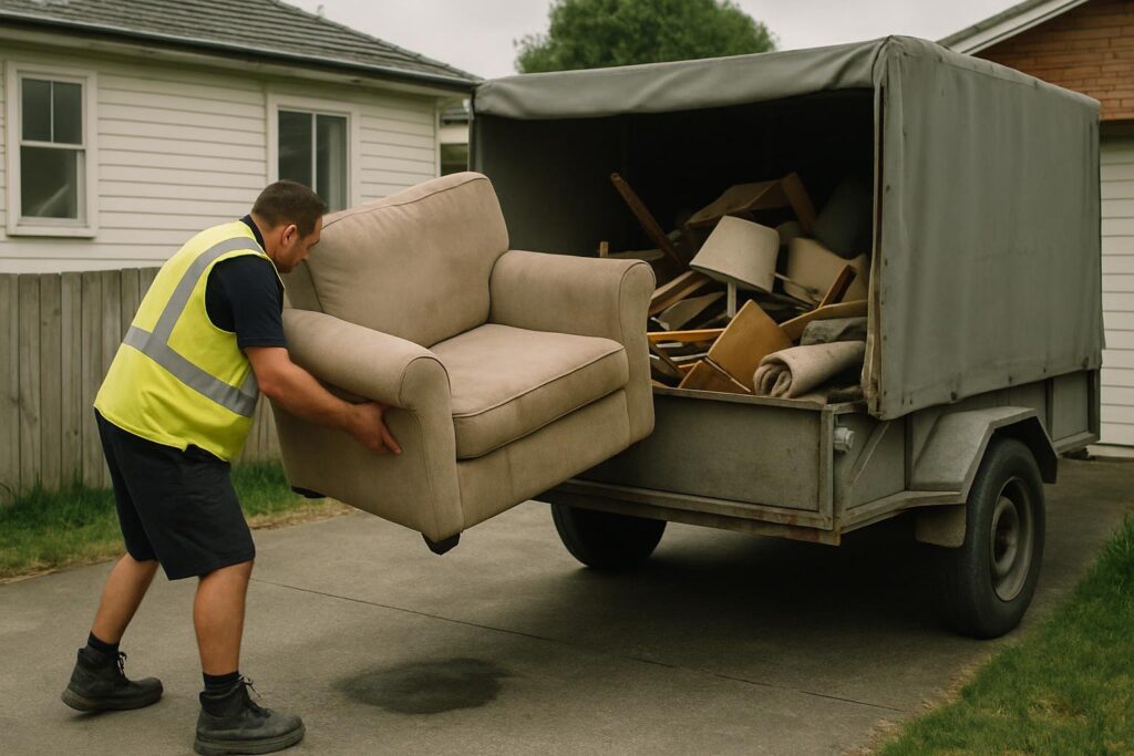Rubbish removal worker loading worn couch onto covered trailer parked on Auckland residential driveway.