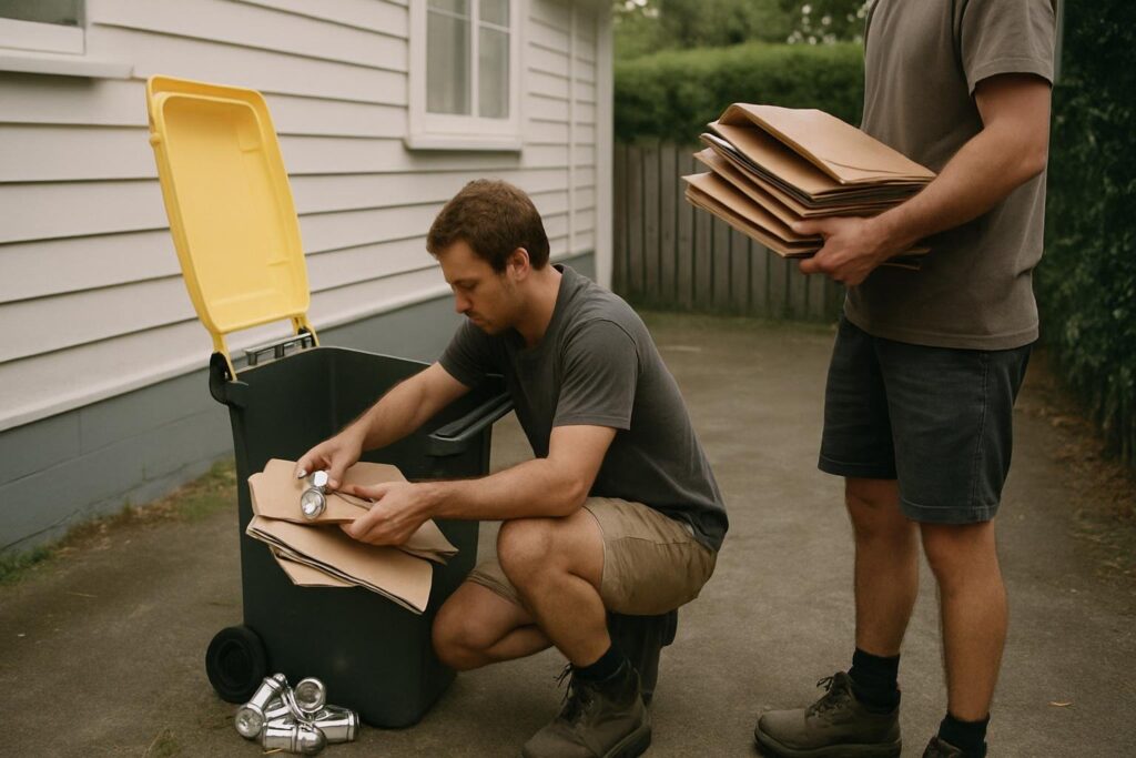 Worker placing loose recyclables into a yellow bin on an Auckland driveway, showing correct unbagged recycling practice.