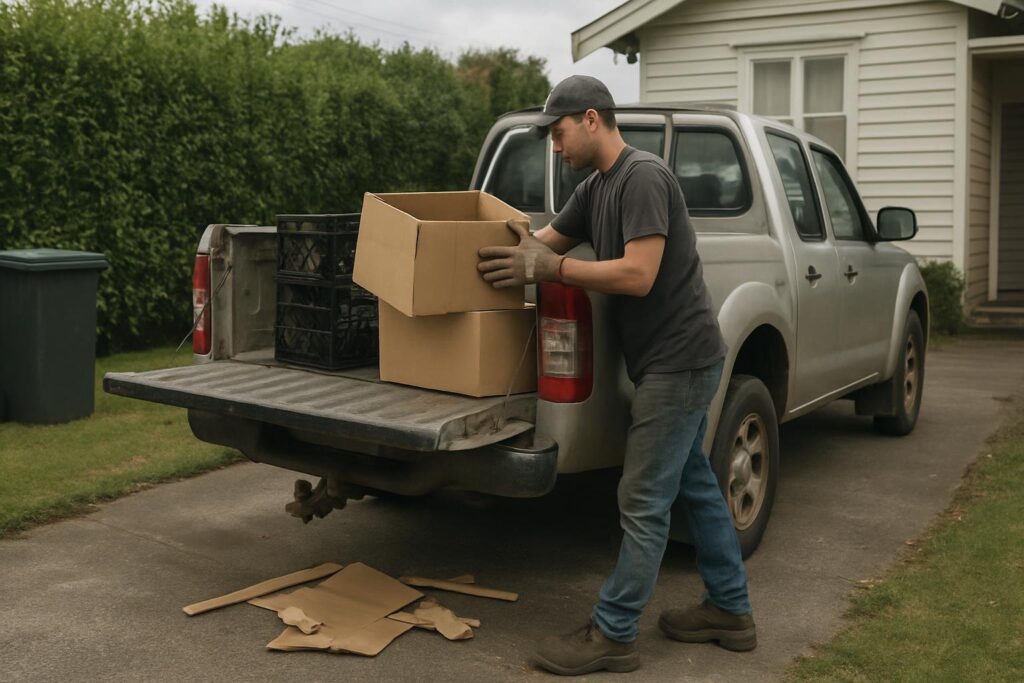 Worker loading cardboard boxes and recycling crates onto a ute parked on an Auckland residential driveway in soft daylight.