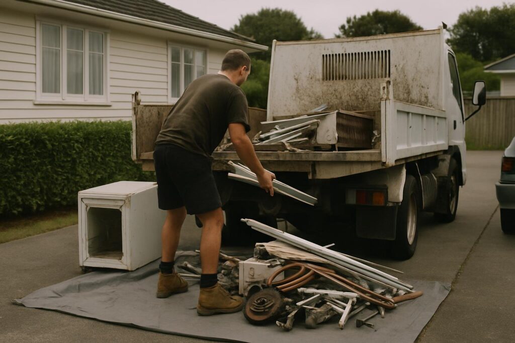 Worker loading scrap metal and old appliances onto a truck at a Henderson home for pickup and cash payment.