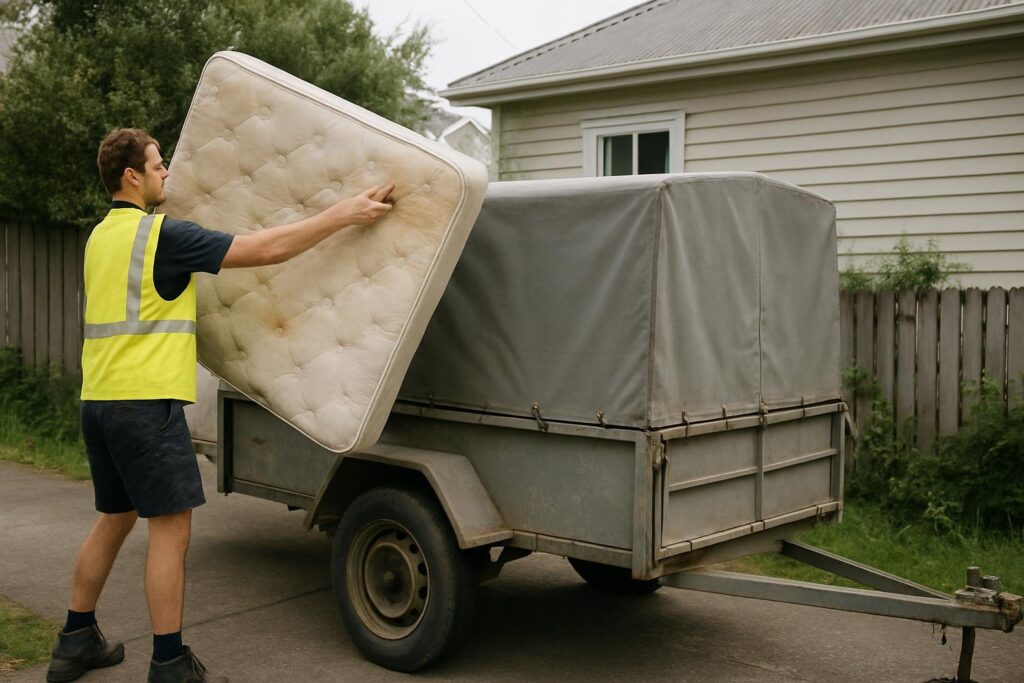 Worker loading a worn mattress onto a rubbish removal trailer on an Auckland home driveway.