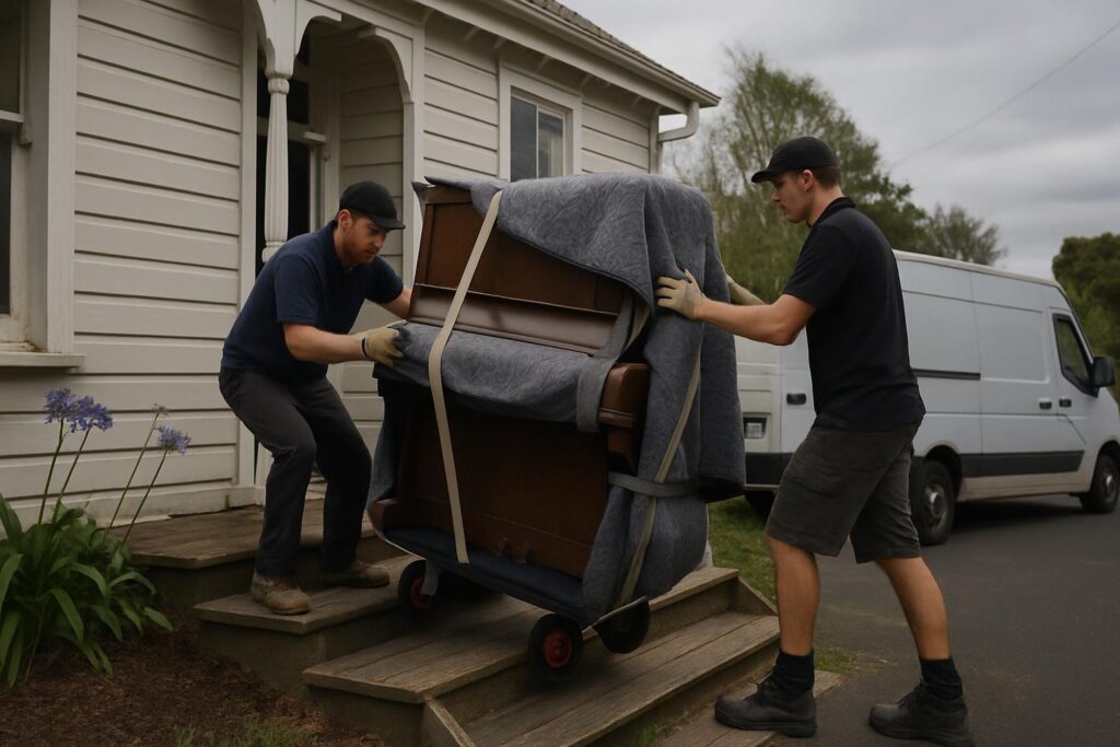 Piano mover guiding an upright piano down villa steps using proper equipment and protective wrapping.