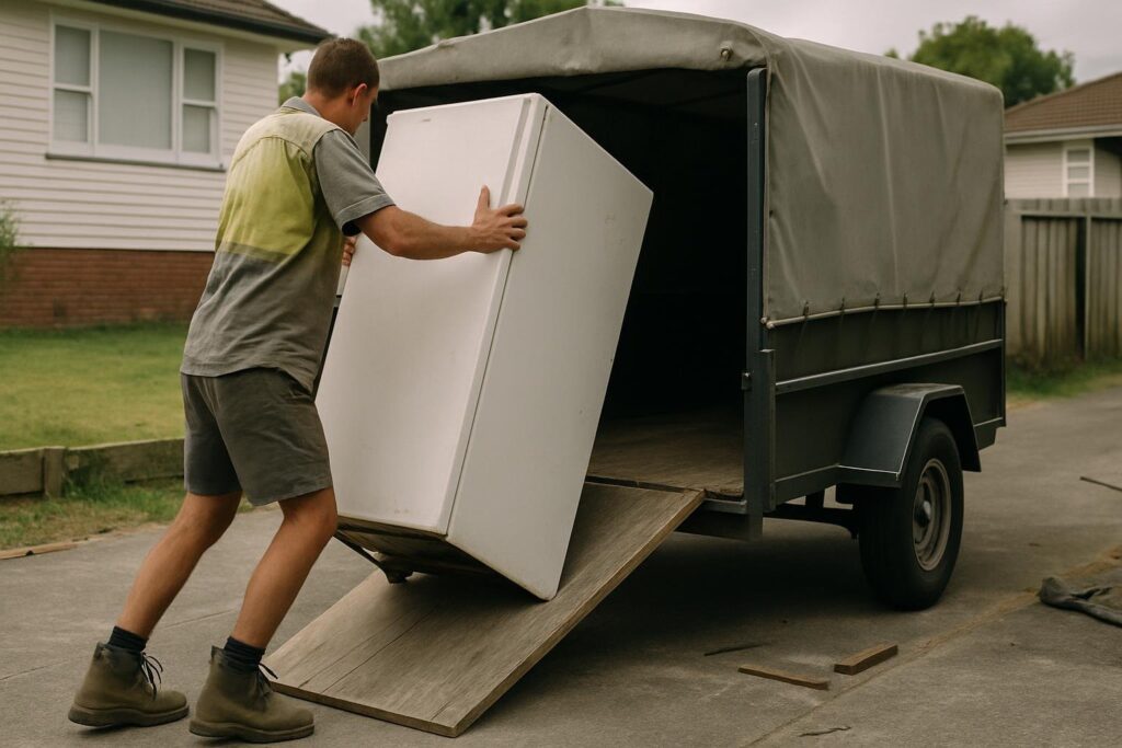 Rubbish removal worker loading an old fridge onto a covered trailer parked on an Auckland residential driveway.